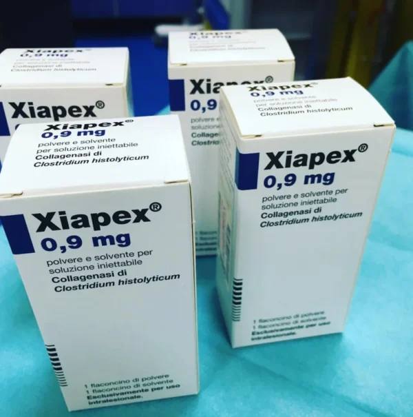 Box and syringe of Xiapex Collagenase Injections - Targeted treatment for Dupuytren's Contracture and Peyronie's Disease.